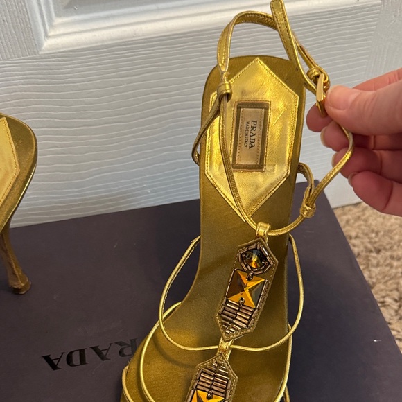 Prada Metallic Gold Jeweled Strappy Heels - Picture 7 of 9